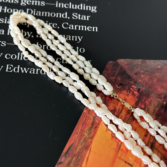 14K Yellow Gold Genuine Cream Pearl Triple Strand Multi Row Necklace 16" - Picture 6 of 10